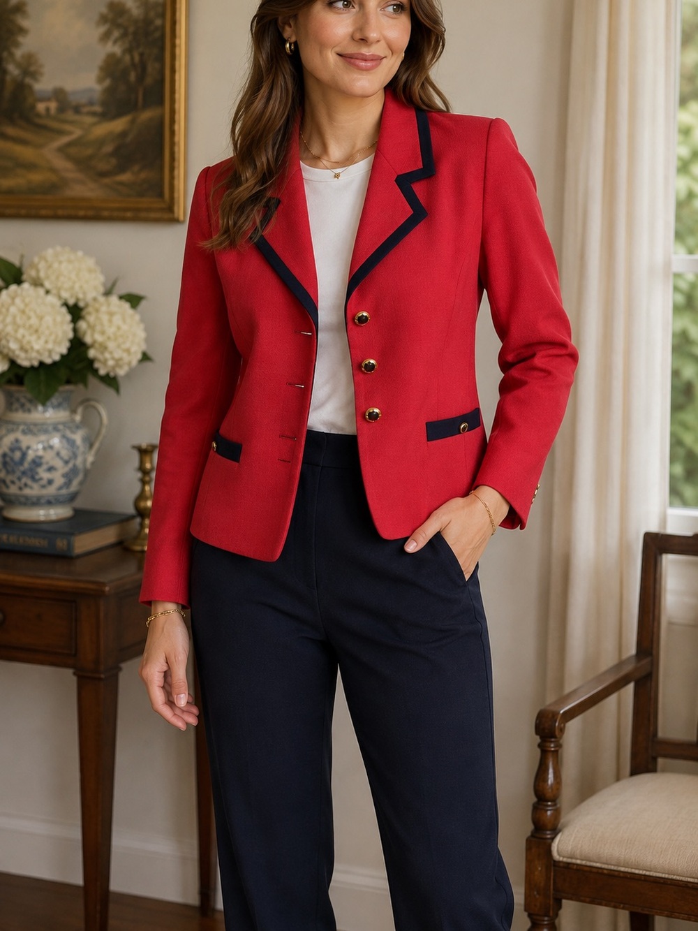 Worthington Petite red blazer with navy trim